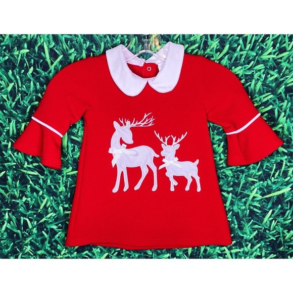 Unbranded Other - Reindeer Christmas Holiday Red White Toddler Girl’s Dress Flare Sleeves Size 4